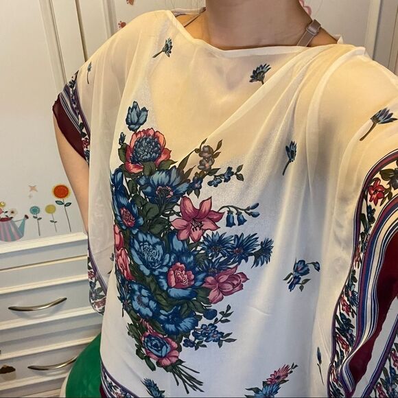 Vintage Silk Poncho Blouse / Kimono Tunic From Italy - Picture 6 of 10